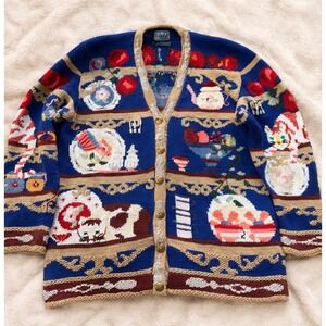 Vintage 90s Berek Marta D Grandma's China Pantry Cats Novelty Cardigan Sweater M